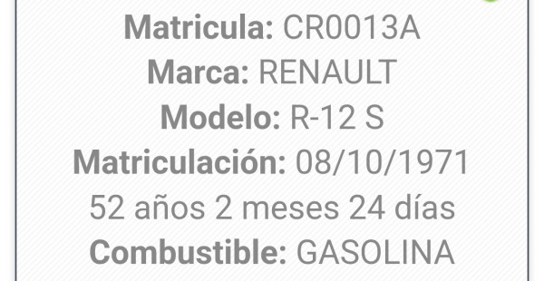 Screenshot_20240101_083731_Infovehiculo.jpg (297.43 KiB) Visto 9105 veces El número 12 era también un R12 S matriculado al día siguiente